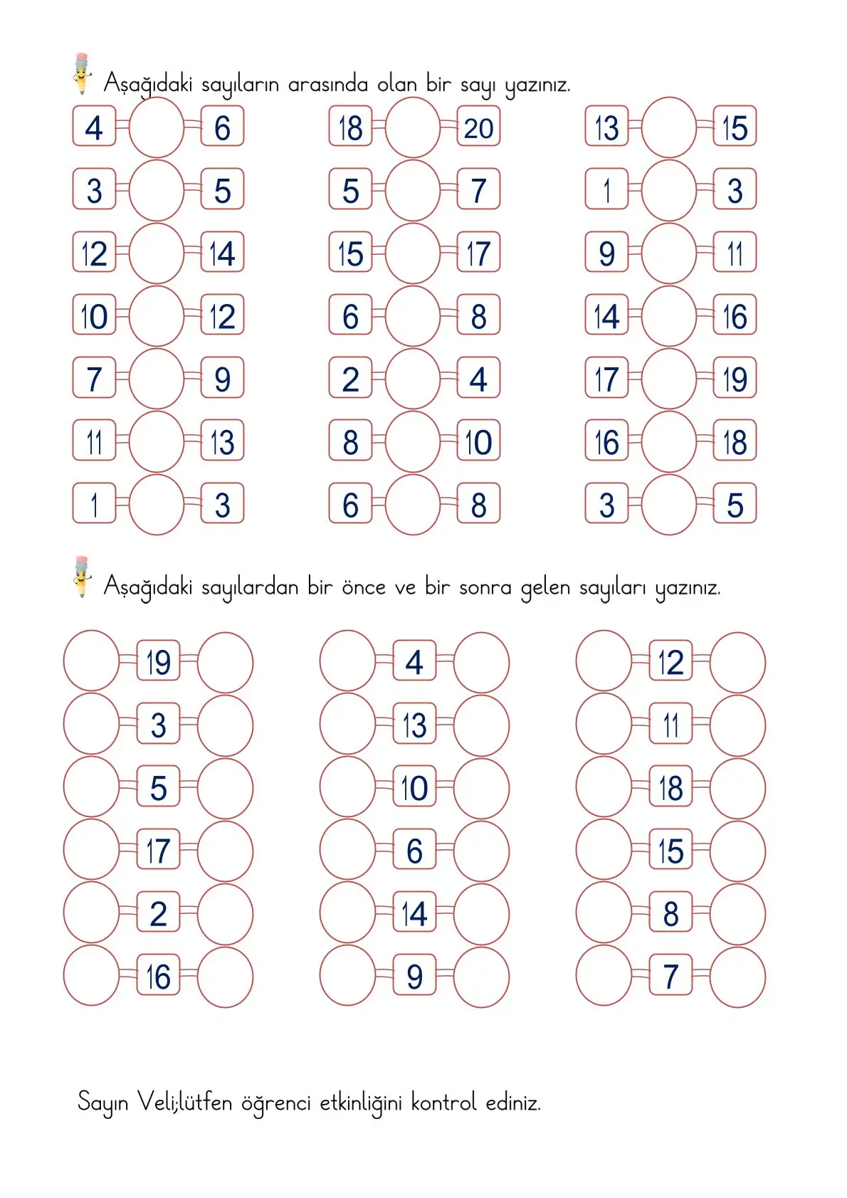 1. Sınıf önceki ve sonraki sayıyı bulma