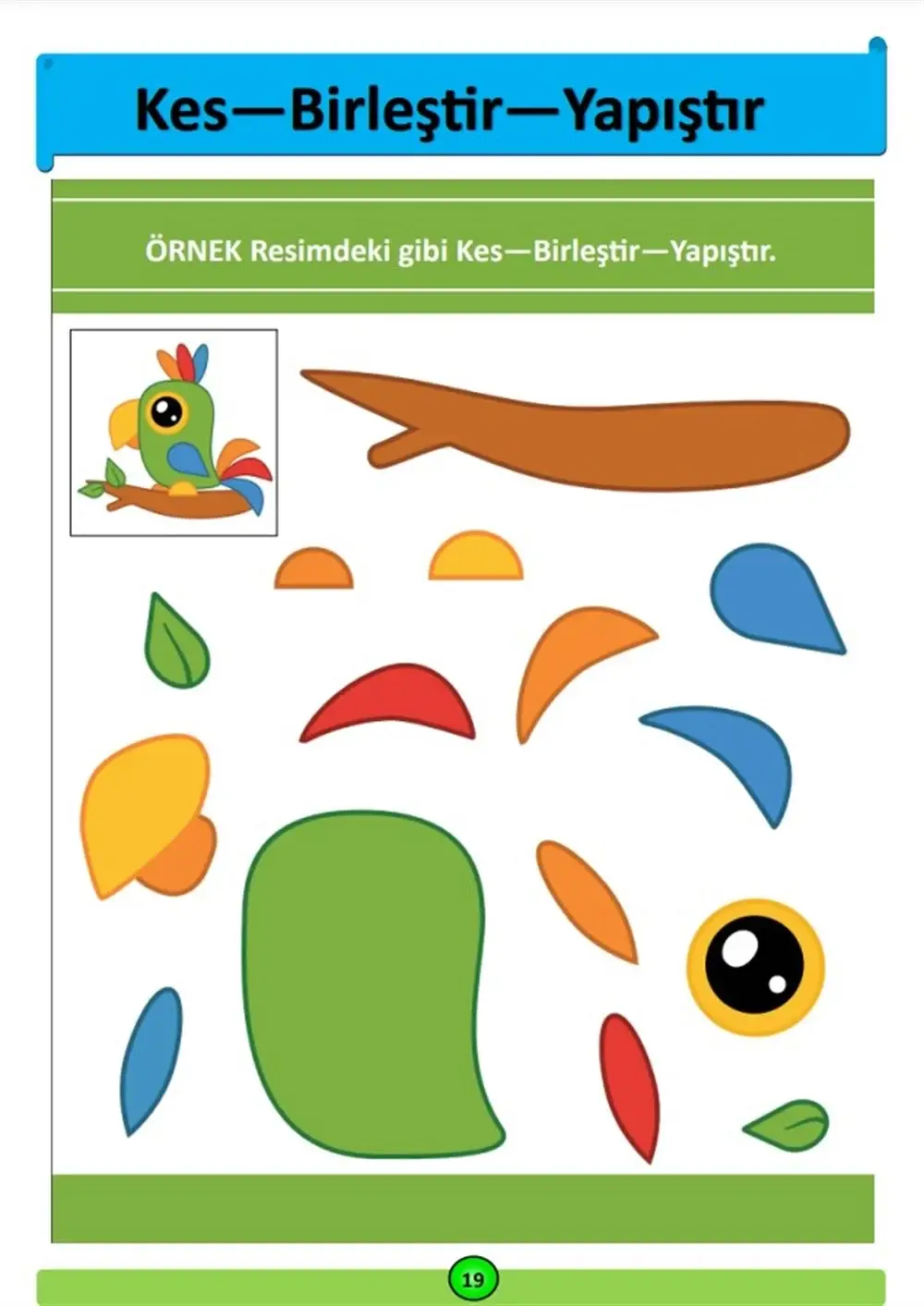 Renkli papağan kes, yapıştır kartı